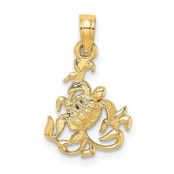 14k Yellow Gold Mini Textured Mini Sea Turtle and Kelp Necklace Charm Pendant